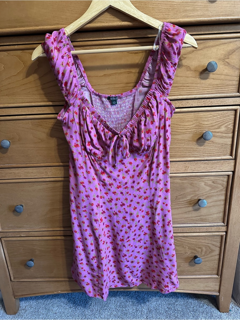 Wild Fable Pink and Red Rose Floral Sweetheart Puff Sleeve Mini Dress Womens M